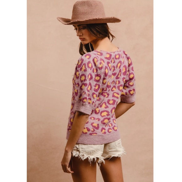 "The Sia" Lavender Leopard Print Puff Sleeve Sweater - Picture 2 of 6
